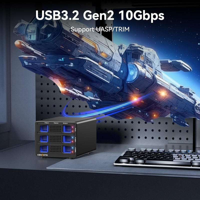 cenmate Hybrid 2*2.5/3.5" SATA HDD/SSD+3* M / B+M Key M.2 NVMe Enclosure with Cooling Fan and USB A/C 3.2 Gen 2, Hard Drive Enclosure Support 68TB(2*22TB HDD+3*8TB 2230/2242/2260/2280/22110 SSDs) - Image 4